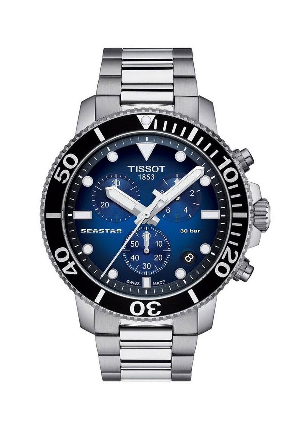 Close-up of the Tissot Seastar 1000 watch, a precise diver-style timepiece. Displays the blue dial, stainless steel band,