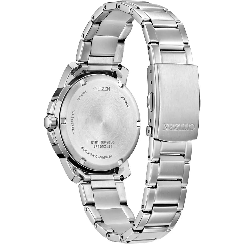 Back view of a silver Citizen watch.
