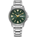 Silver Citizen watch with a green face.