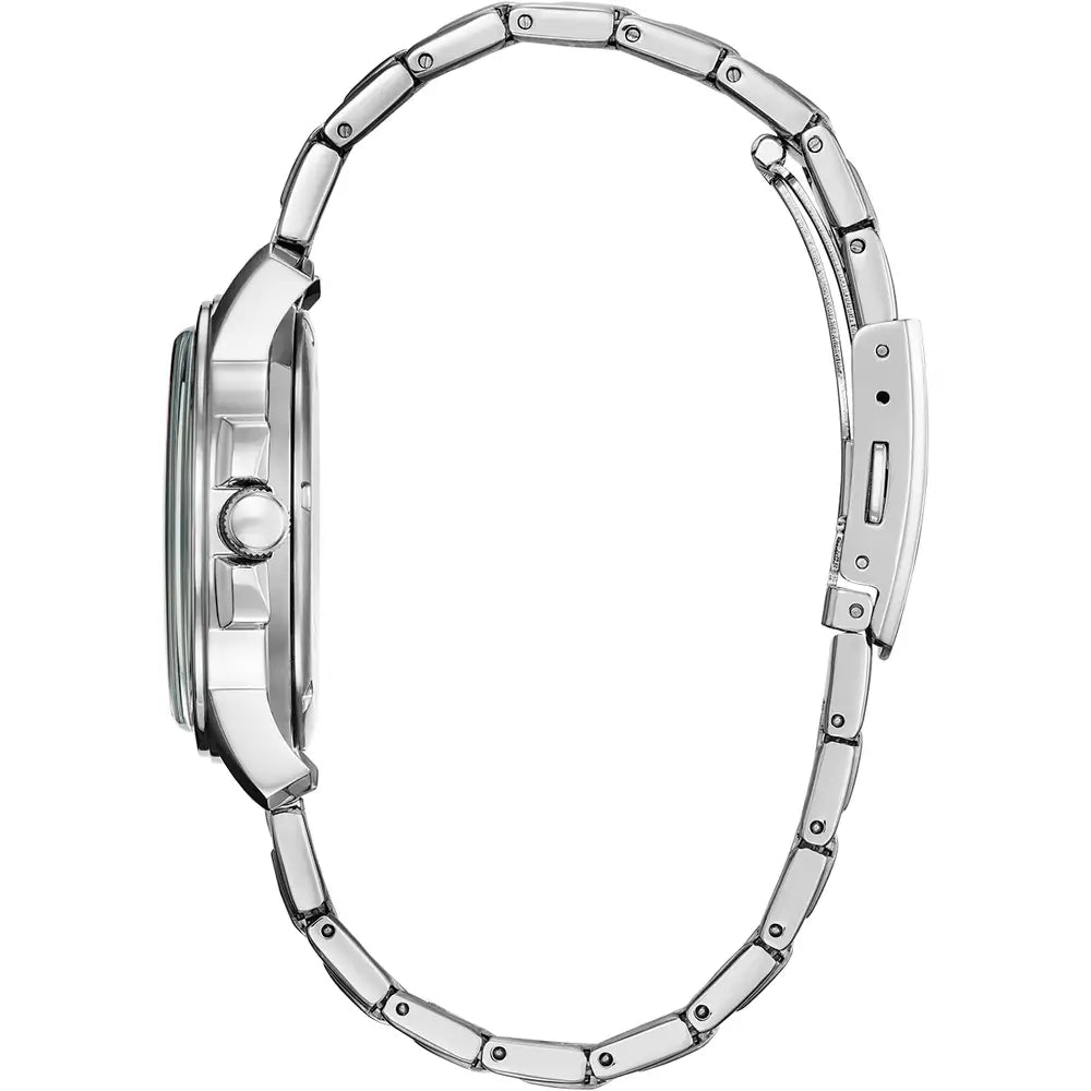 Side view of a silver wristwatch.