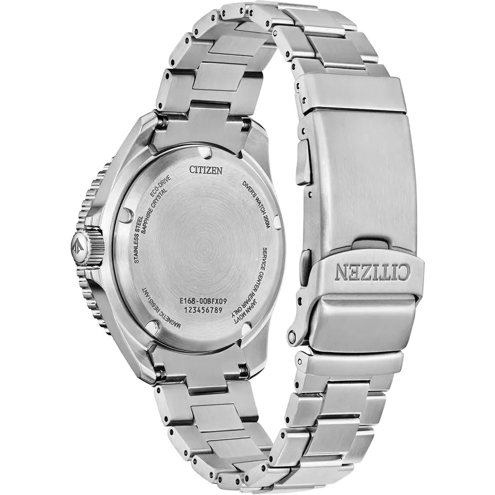 The back of a silver Citizen watch with a metal band.
