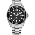 Silver-tone Citizen wristwatch with a black dial and rotating bezel.