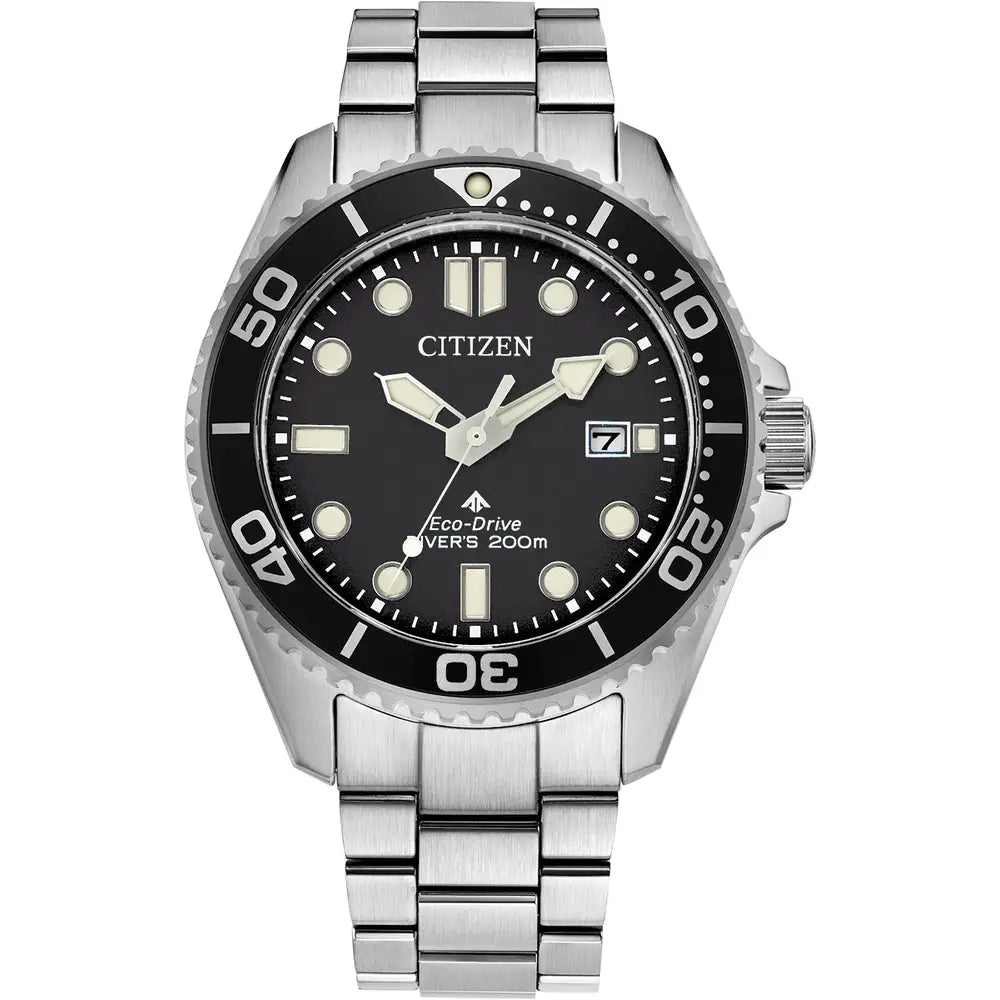 Silver-tone Citizen wristwatch with a black dial and rotating bezel.