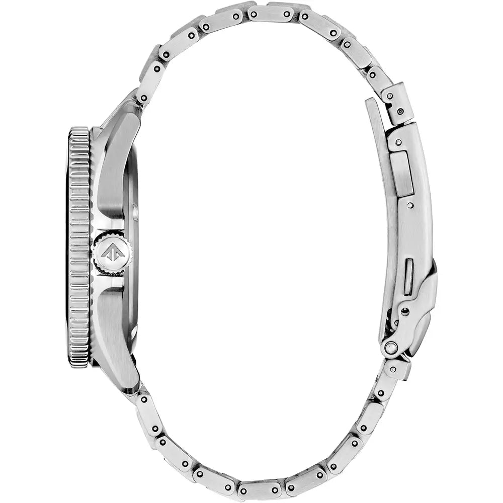 Side view of a silver-toned watch with a metal band.
