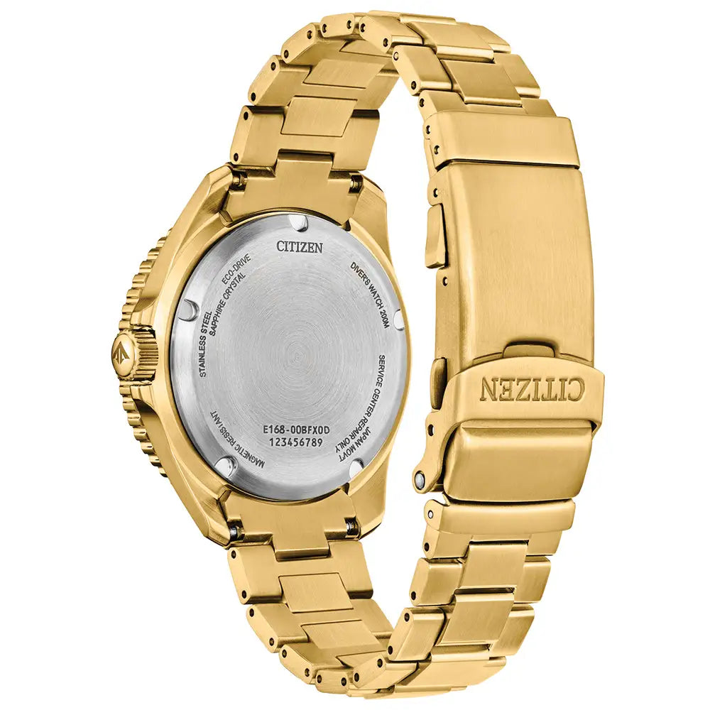 Gold-tone Citizen dive watch with a stainless steel case and bracelet, featuring a silver-tone case back.