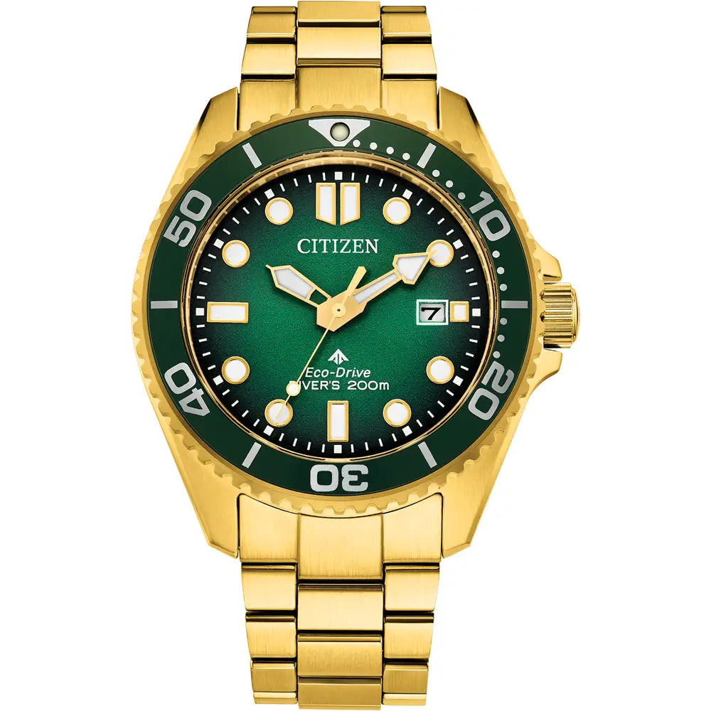 Gold and green Citizen Eco-Drive watch.
