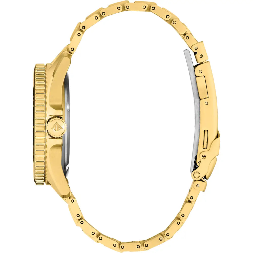 Side view of a gold wristwatch with a metal band.
