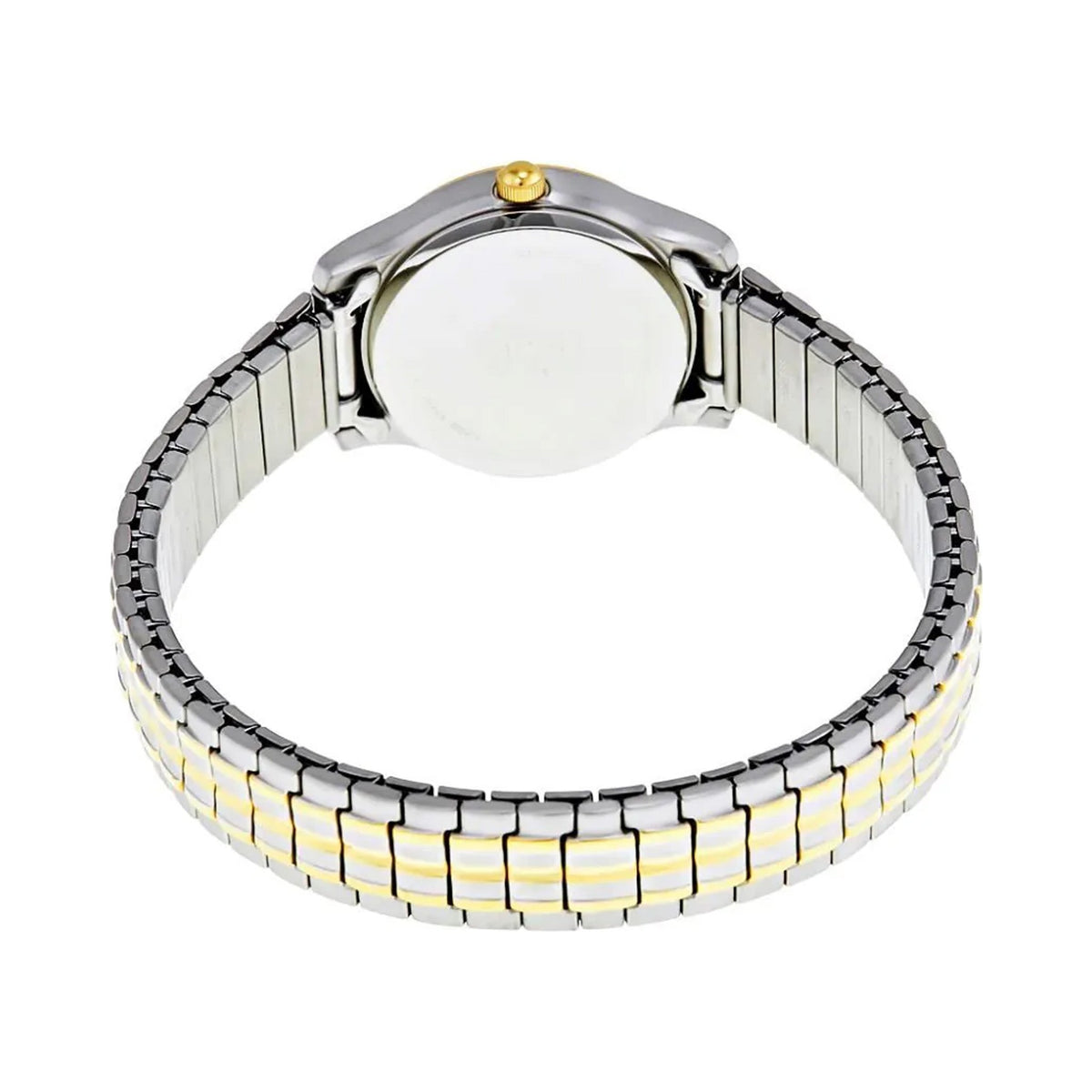 Back view of Citizen Eco Drive watch featuring a two-tone expanding bracelet (silver & gold) and day-date function.