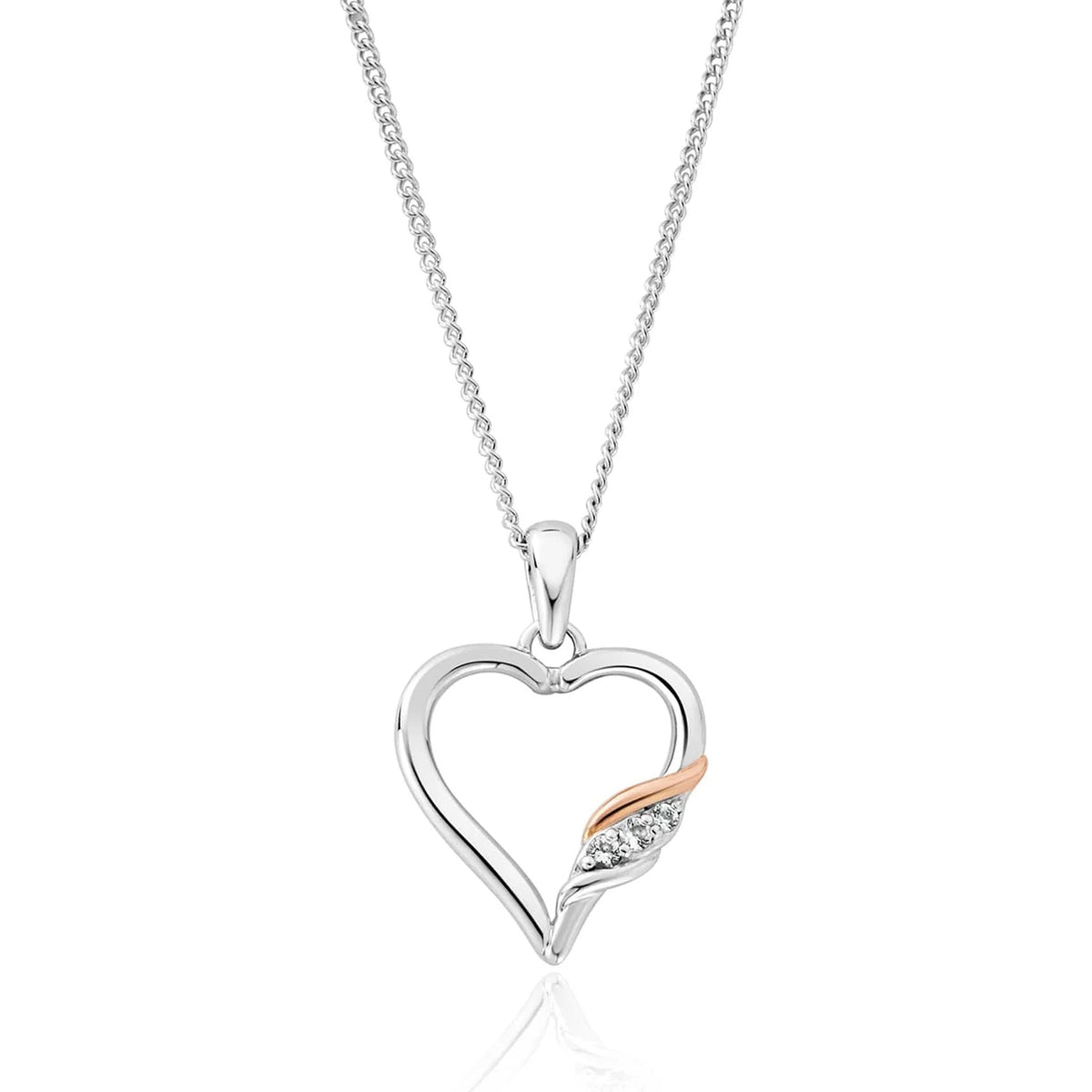 Elegant Clogau silver heart pendant necklace featuring past, present, future white topaz accents, and rose gold detail.