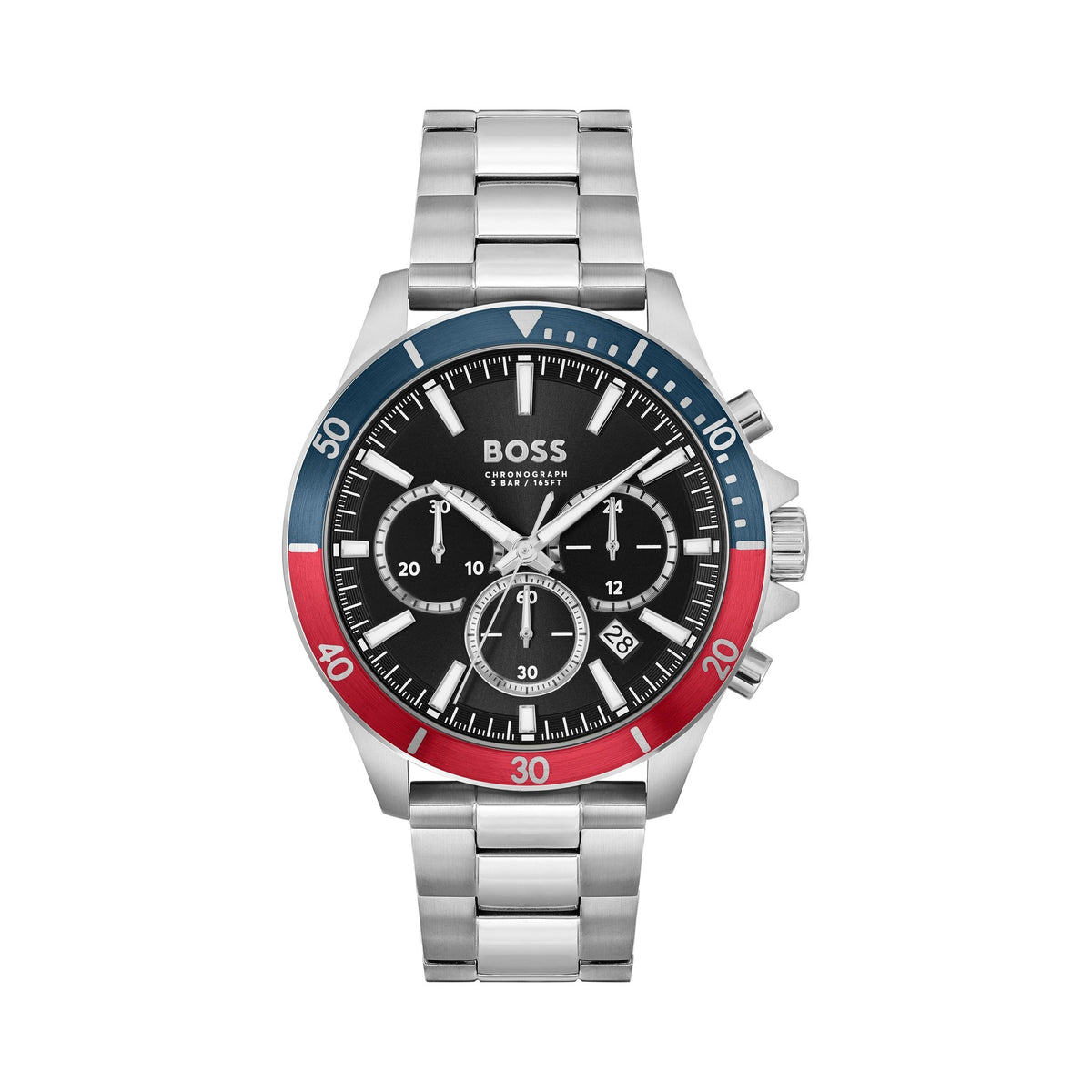 Close-up of BOSS Troper chronograph watch showcasing black dial, stainless steel band, & red/blue bezel.