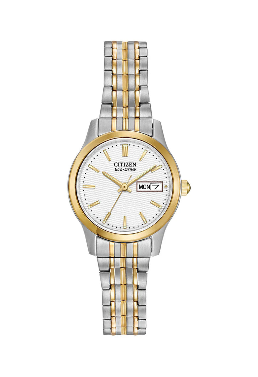 Citizen Eco Drive watch displaying day and date on a two-tone expanding bracelet.