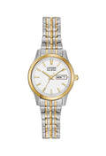 Citizen Eco Drive watch displaying day and date on a two-tone expanding bracelet.