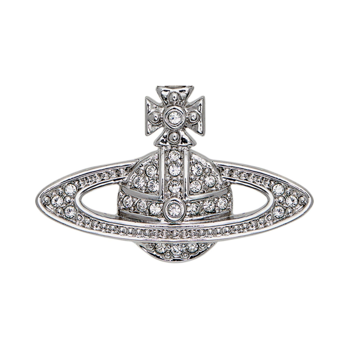 The Vivienne Westwood Mini Bas Relief Clutch Pin, platinum plated metal brooch from Vivienne Westwood, OD’s Jewellers, St Helens