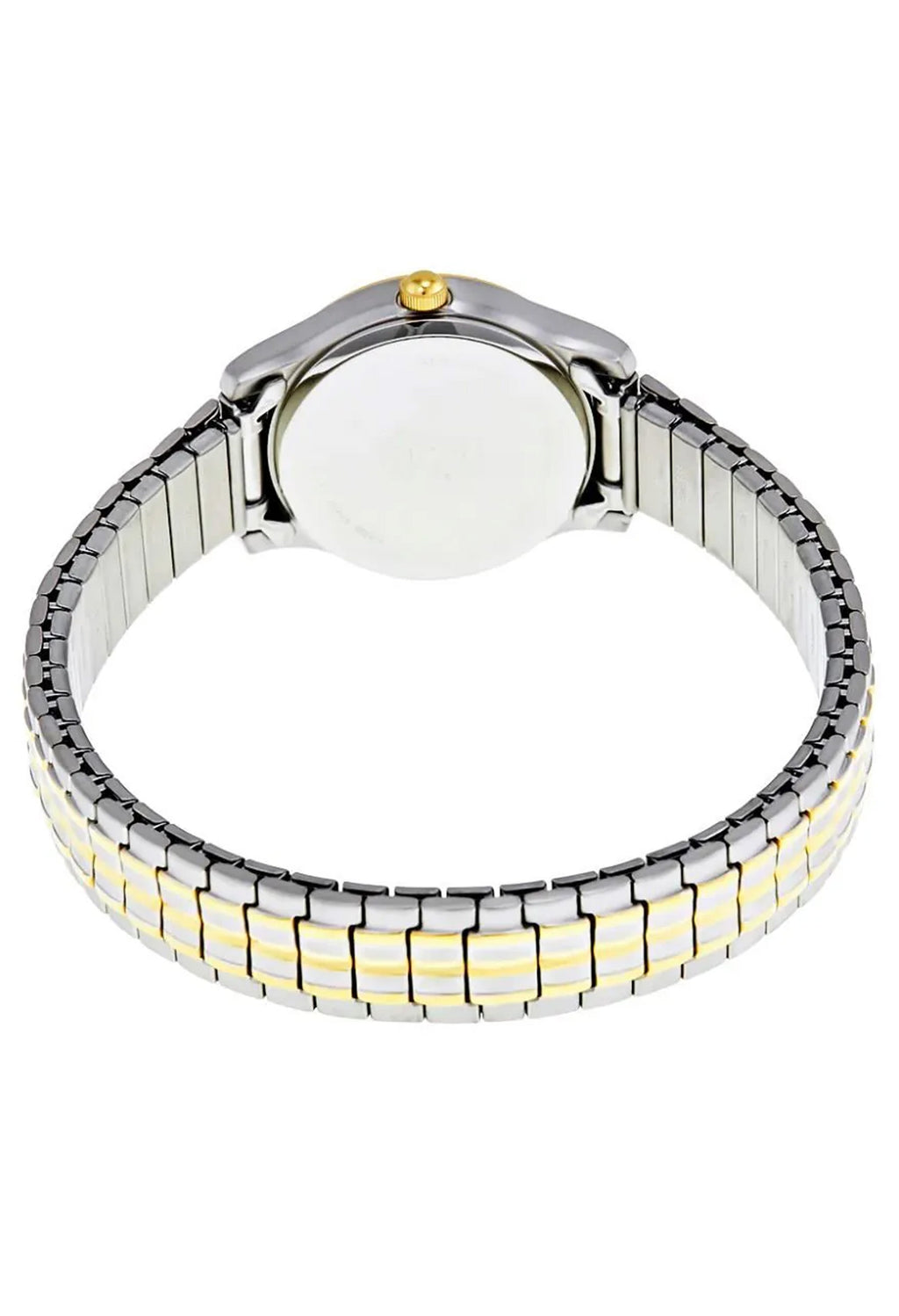 Back view of Citizen Eco Drive watch featuring a two-tone expanding bracelet (silver & gold) and day-date function.