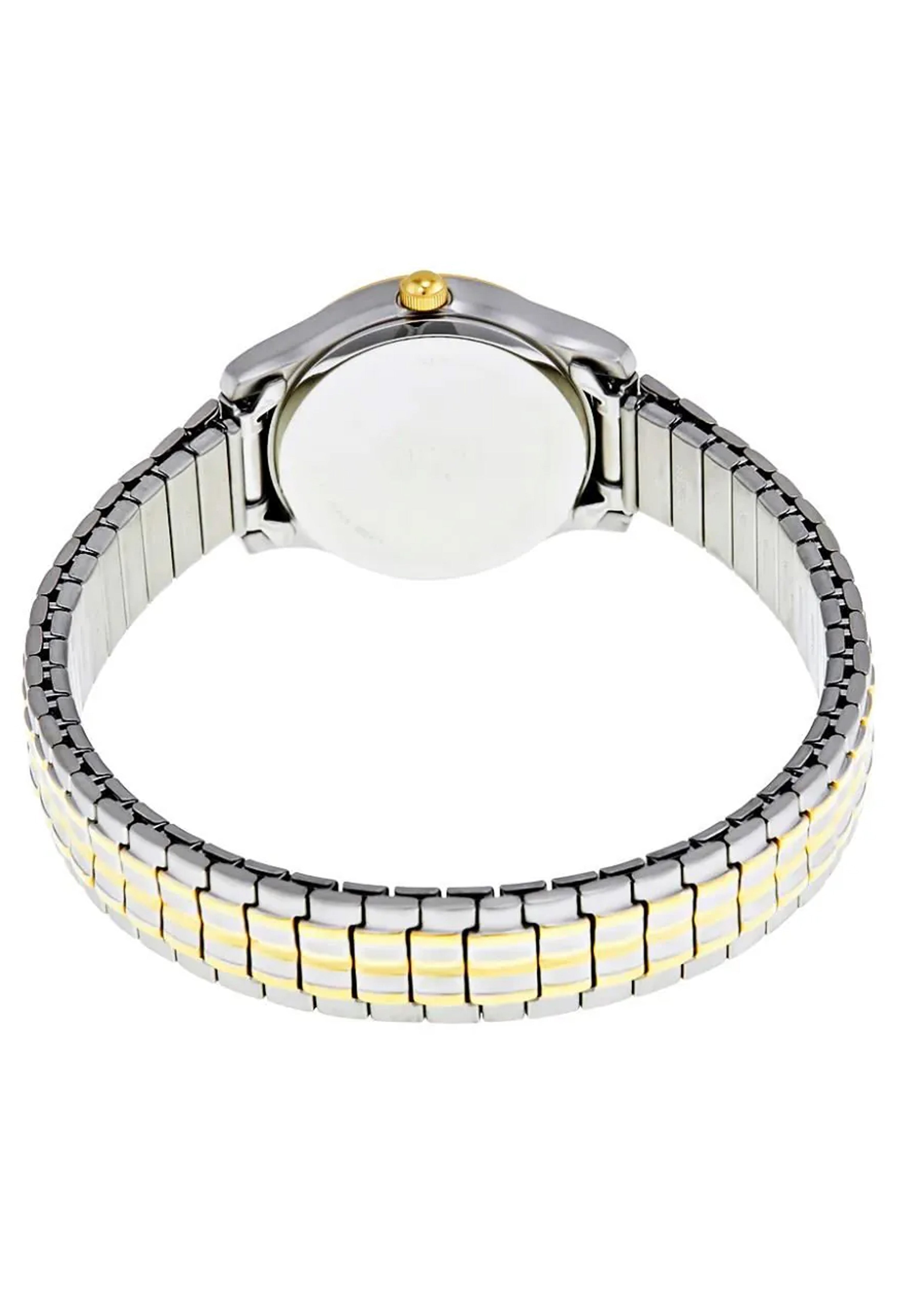Back view of Citizen Eco Drive watch featuring a two-tone expanding bracelet (silver & gold) and day-date function.