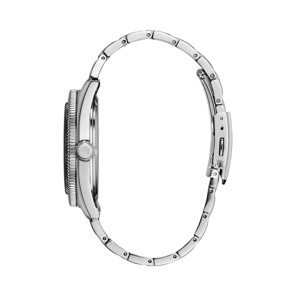Side view of Citizen Eco-Drive watch showcasing green dial, date feature, stainless steel band, and case design.