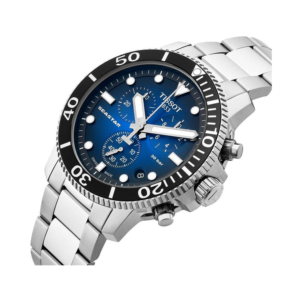Tissot Seastar 1000 dive watch showcasing its blue dial, stainless steel bracelet, and unidirectional rotating bezel. Swiss