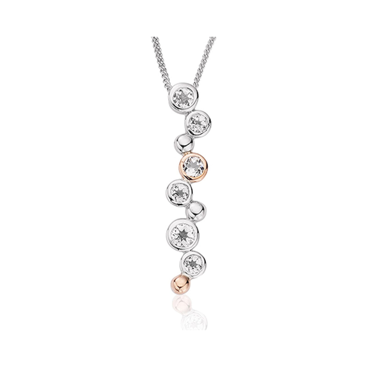 Clogau Celebration Drop pendant featuring white topaz stones, sterling silver & rose gold details. Elegant jewelry design.
