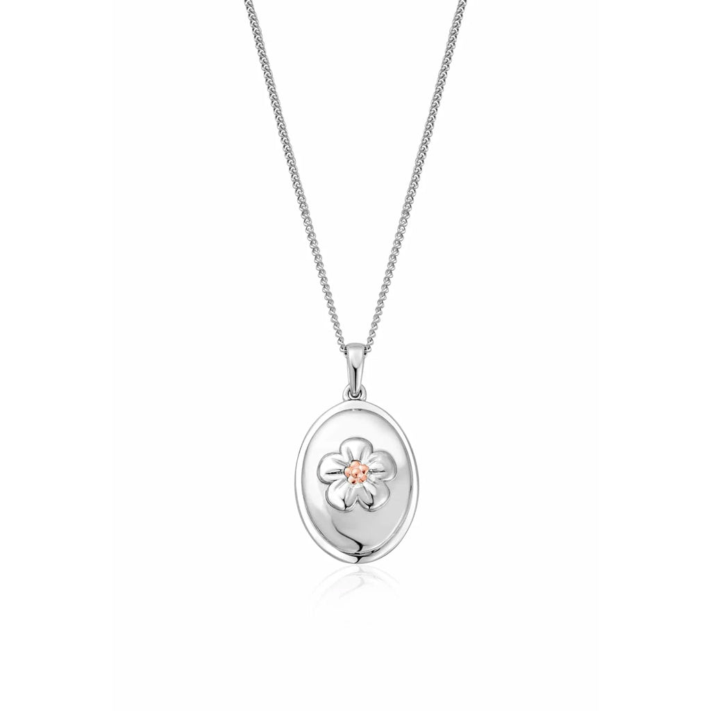 Close-up of the Clogau Natures Wonder silver pendant necklace, featuring a forget-me-not flower detail.