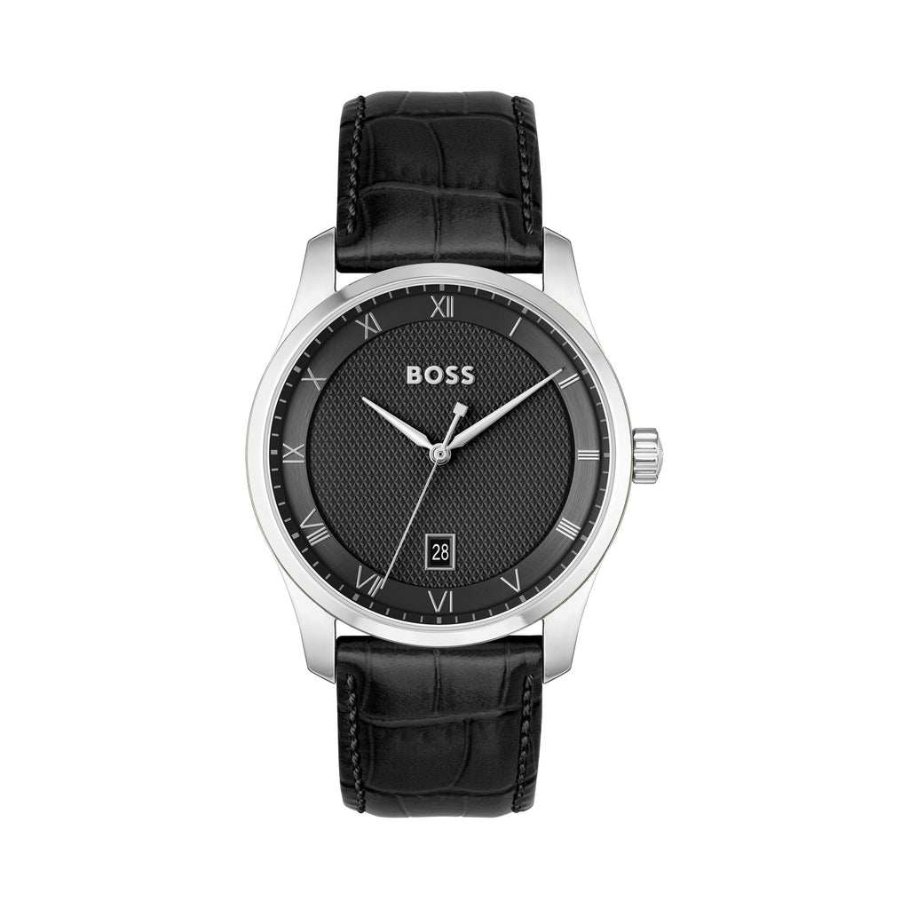 Close-up of the BOSS Mens Principle watch featuring a black textured dial, date display, Roman numerals, & leather strap.