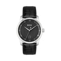 Close-up of the BOSS Mens Principle watch featuring a black textured dial, date display, Roman numerals, & leather strap.