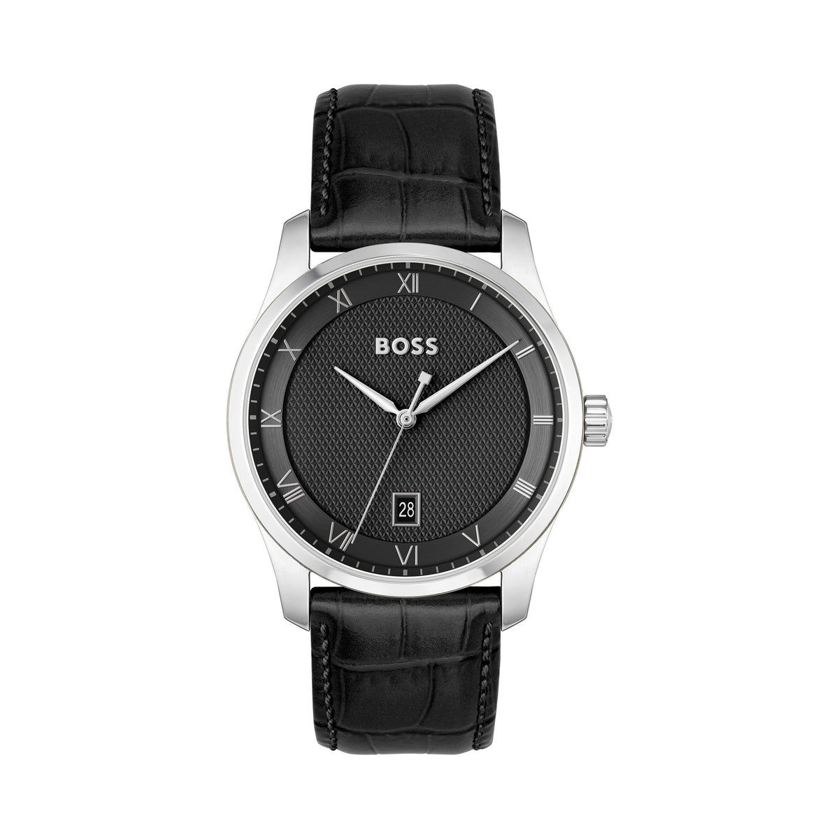 Close-up of the BOSS Mens Principle watch featuring a black textured dial, date display, Roman numerals, & leather strap.