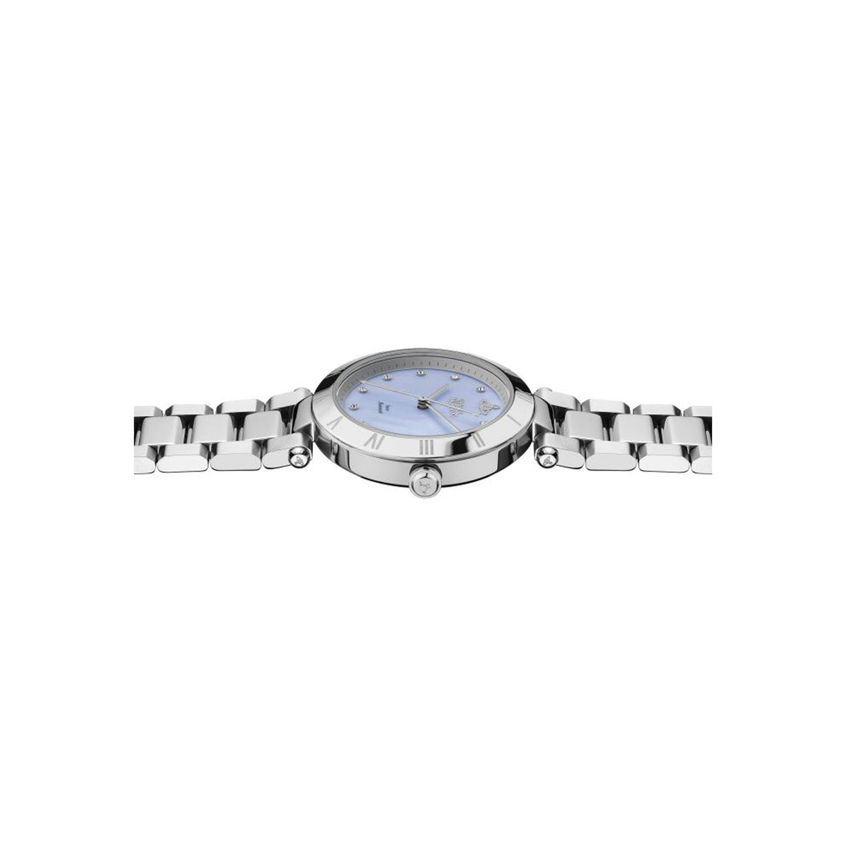 Ladies Vivienne Westwood watch showing dial details and design. Features light blue dial and metal wrist band.