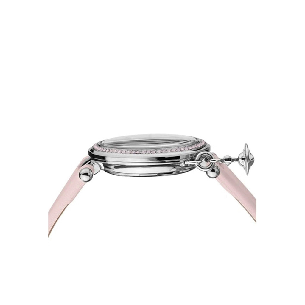 Close-up showing the Vivienne Westwood Orb Pastelle watch's silver dial, crystal bezel, and iconic orb charm.