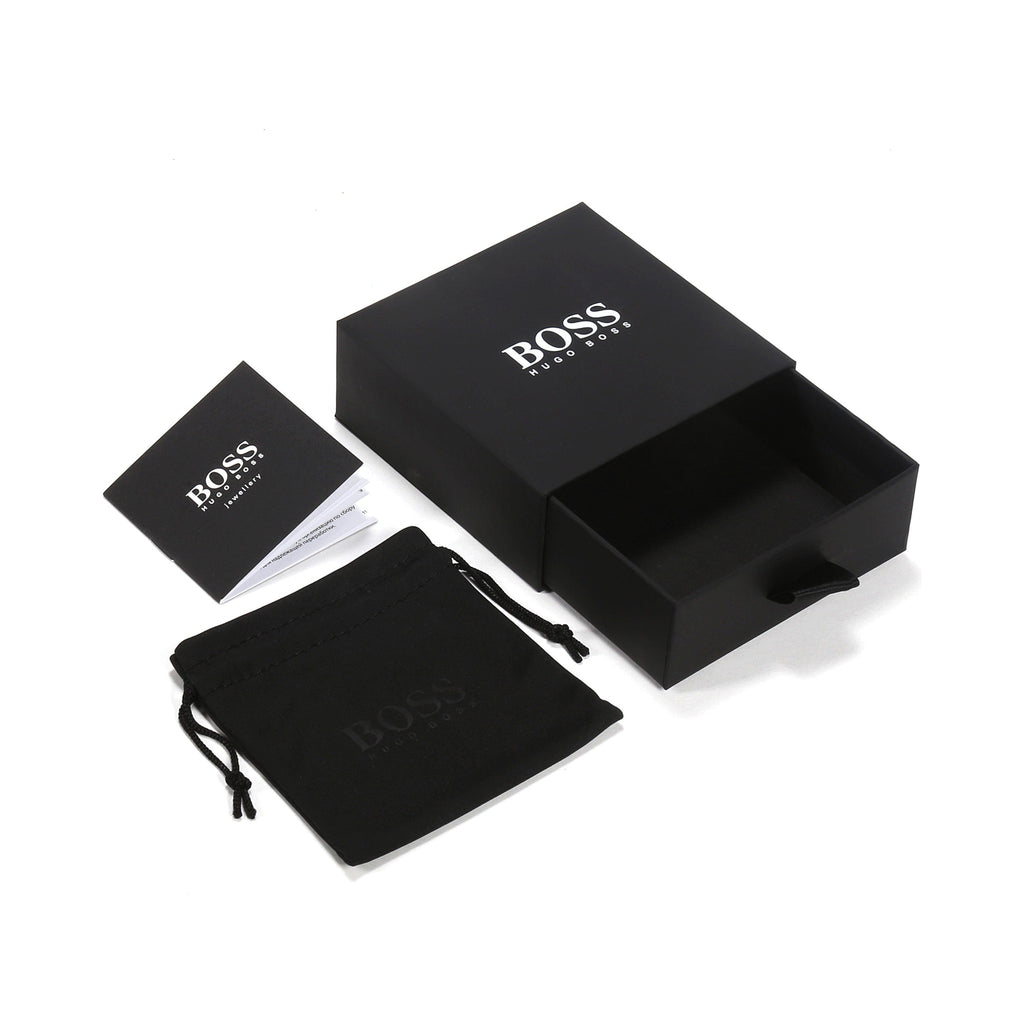 BOSS men's bracelet packaging: yellow gold plated chain inside branded jewelry box, pouch, and paperwork.