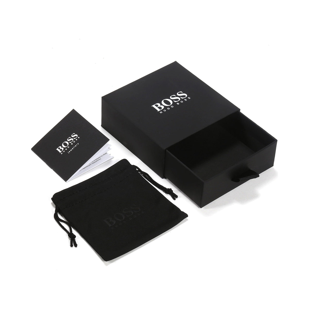 BOSS men's bracelet packaging: yellow gold plated chain inside branded jewelry box, pouch, and paperwork.