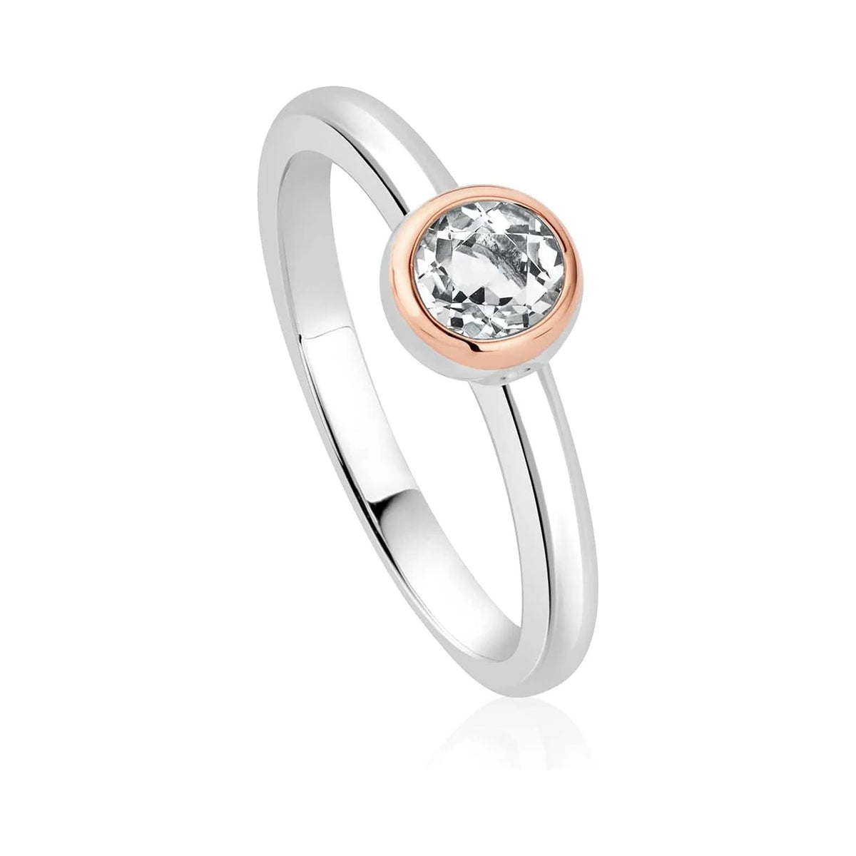 Clogau ring featuring a white topaz gemstone in a single-stone setting. Modern sterling silver and elegant design.