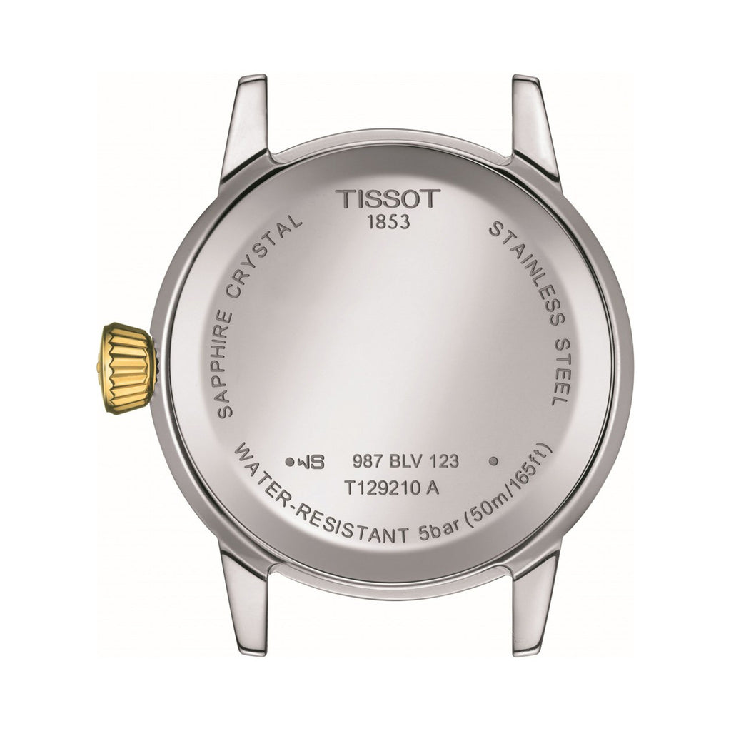 Case back of Tissot Classic Dream Lady watch showing serial number T129210A, stainless steel, water resistance (50m/165ft) &