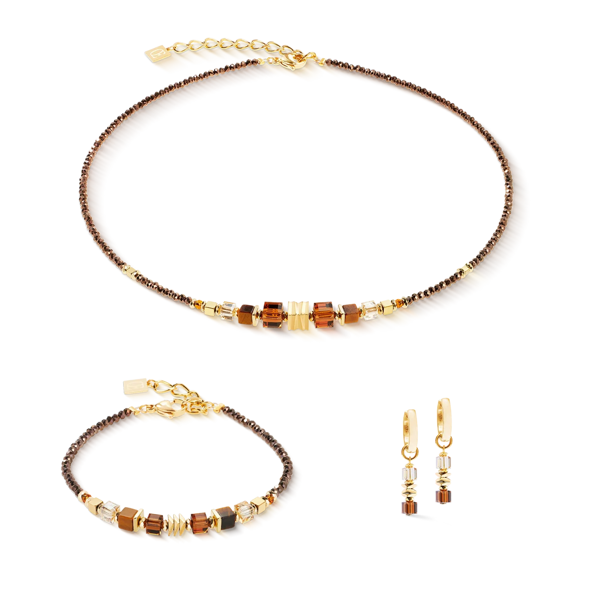 Gold and brown beaded jewelry set with necklace, bracelet, and earrings.