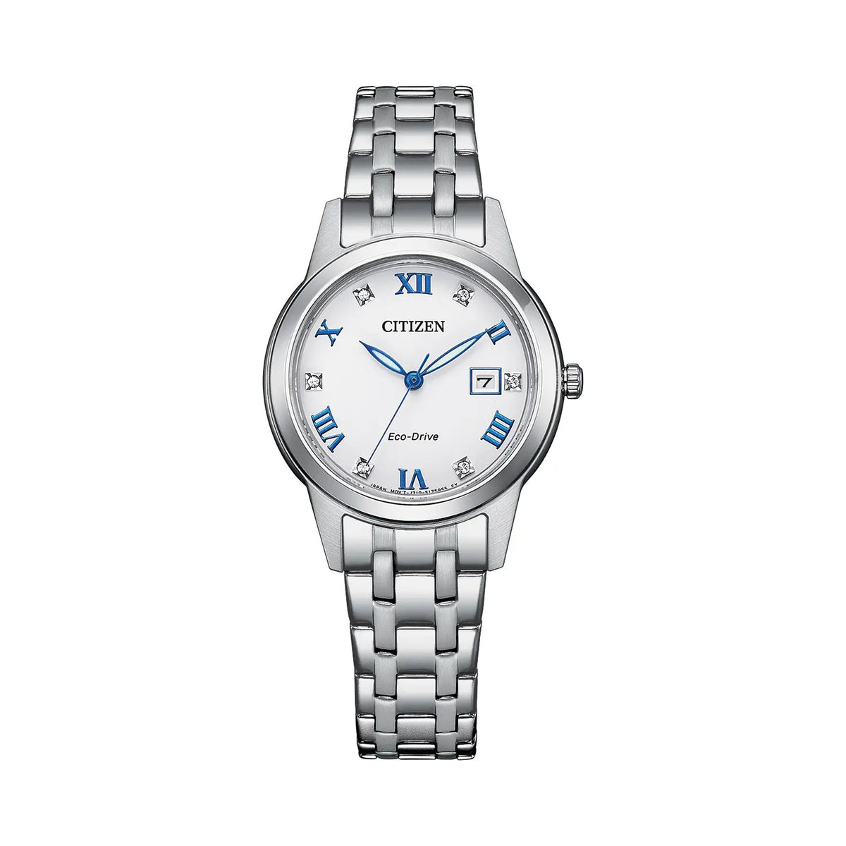 Citizen Eco Drive ladies watch featuring a silver bracelet, Roman numeral markers, and crystal accents.