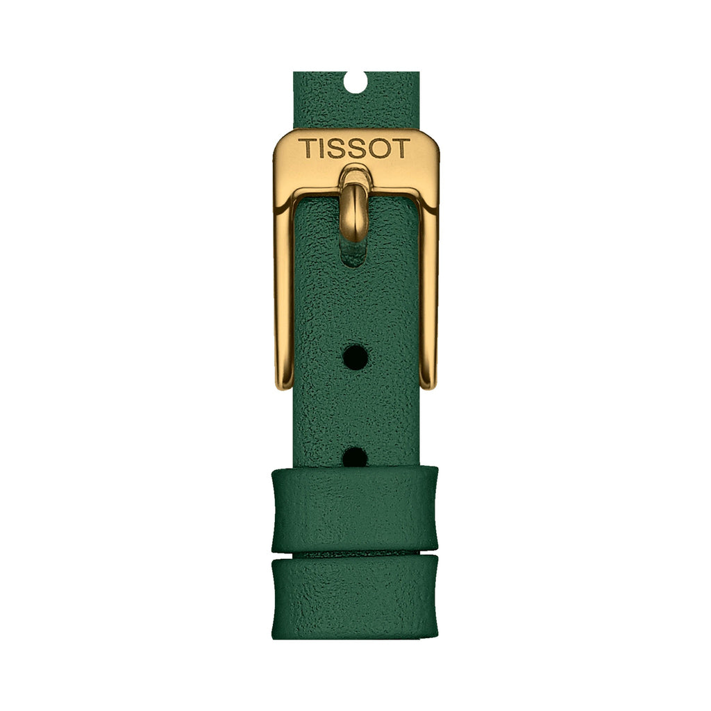 The Ladies Lovely Round Green Strap Watch, a green gold-plated watch from Tissot, available at OD’s Jewellers in St Helens.