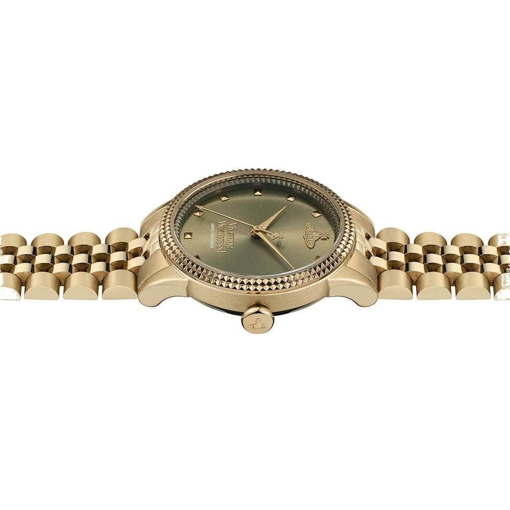 Gold Vivienne Westwood watch with green face.
