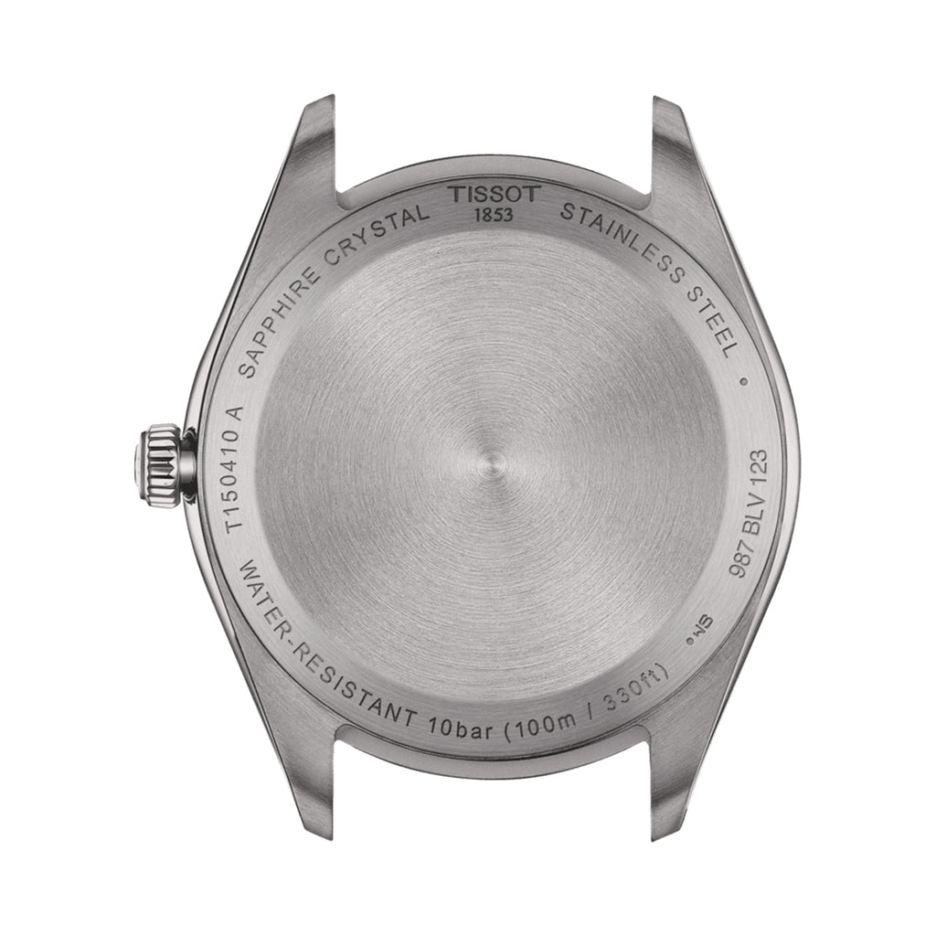 Tissot watch caseback detail displaying model (T150410A) and water resistance rating (100m/330ft). Stainless steel.