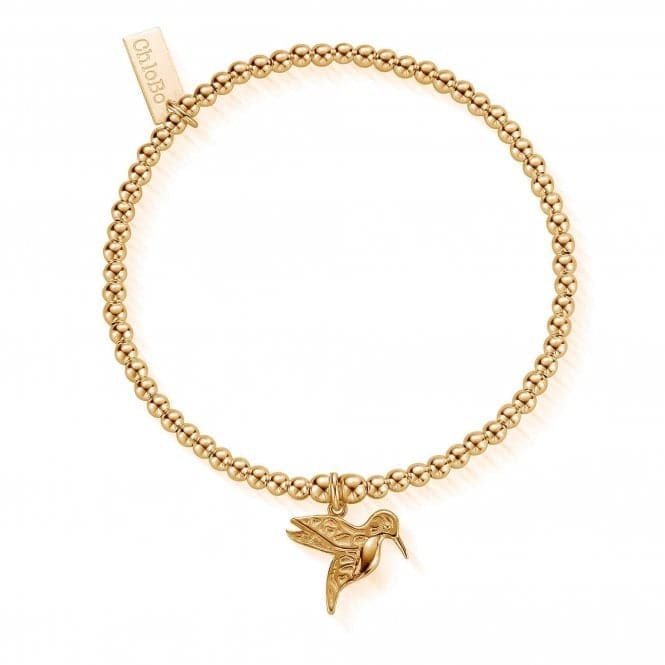 ChloBo charm bracelet, gold-plated with delicate hummingbird pendant, showcasing detailed craftsmanship and design.