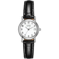 A silver Citizen Eco-Drive watch with a black leather band.