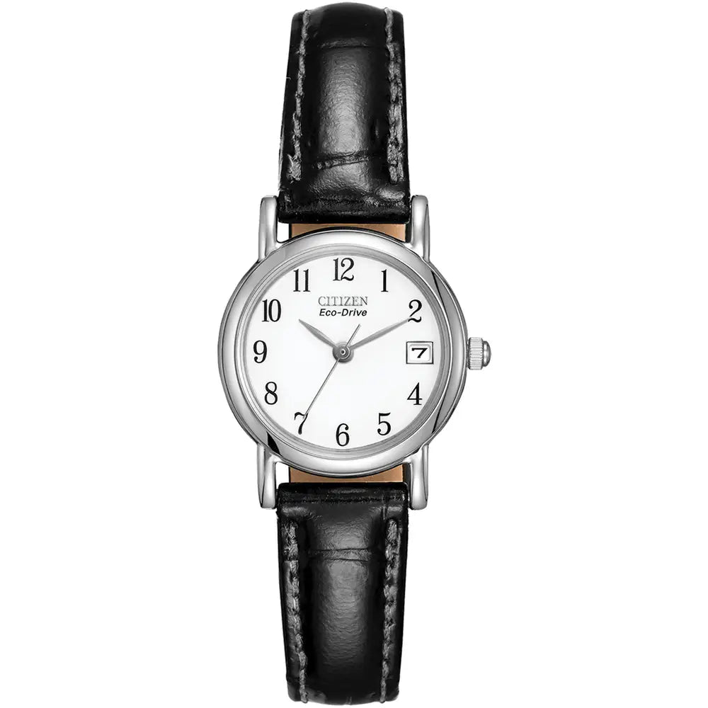 A silver Citizen Eco-Drive watch with a black leather band.