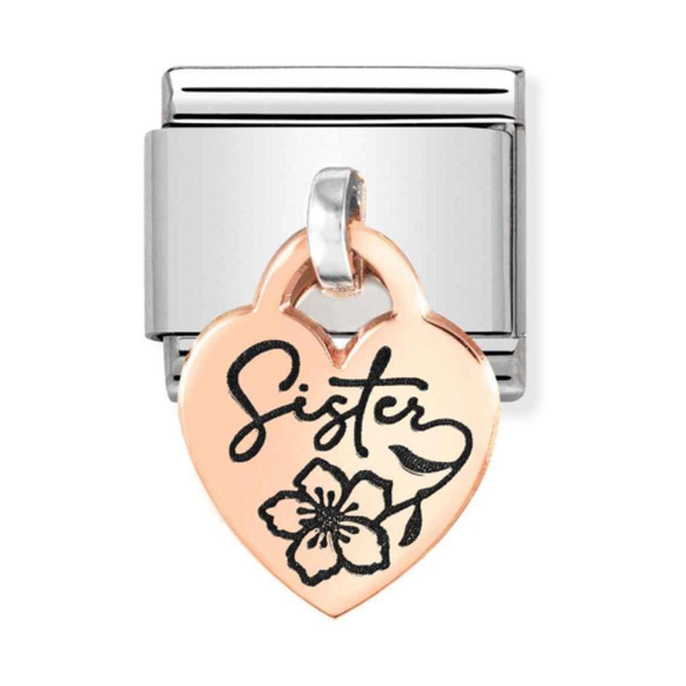 Nomination Composable Classic CHARMS ENGRAVED PLATES HEART SISTER in Steel and Bonded Rose Gold