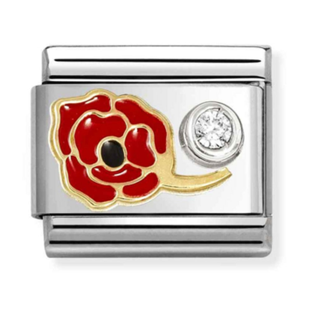Nomination Composable Classic Link Red Enamel Poppy With CZ Stainless Steel 925 Silver 750 Gold