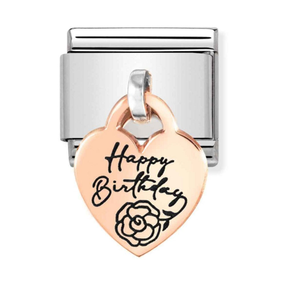 Nomination Composable Classic CHARMS ENGRAVED PLATES HEART HAPPY BIRTHDAY in Steel and Bonded Rose Gold