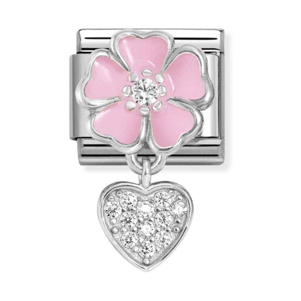 Nomination Composable Silver Pink Enamel Flower With Heart Drop Charm 331814/01