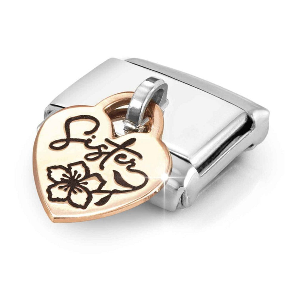 Nomination Composable Classic CHARMS ENGRAVED PLATES HEART SISTER in Steel and Bonded Rose Gold