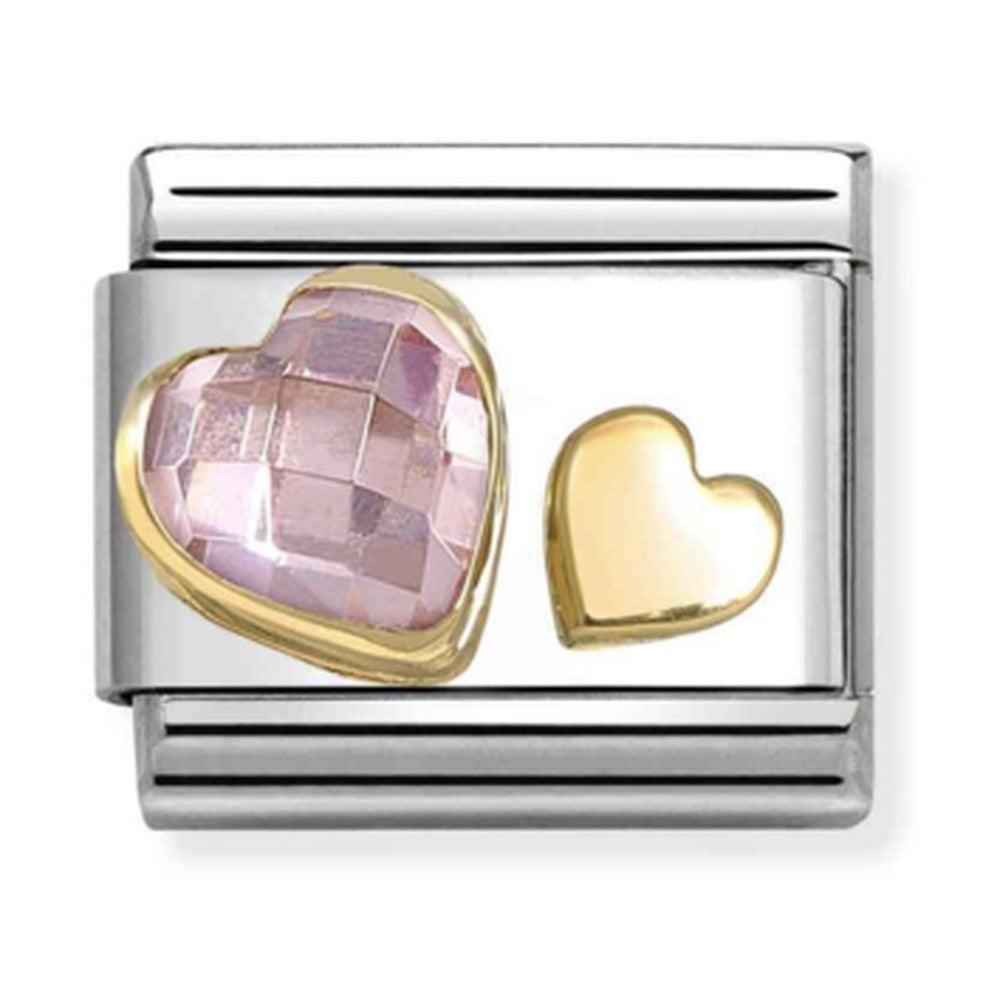 Nomination Composable Classic Link Faceted Pink Heart With Small Plain Heart in Gold