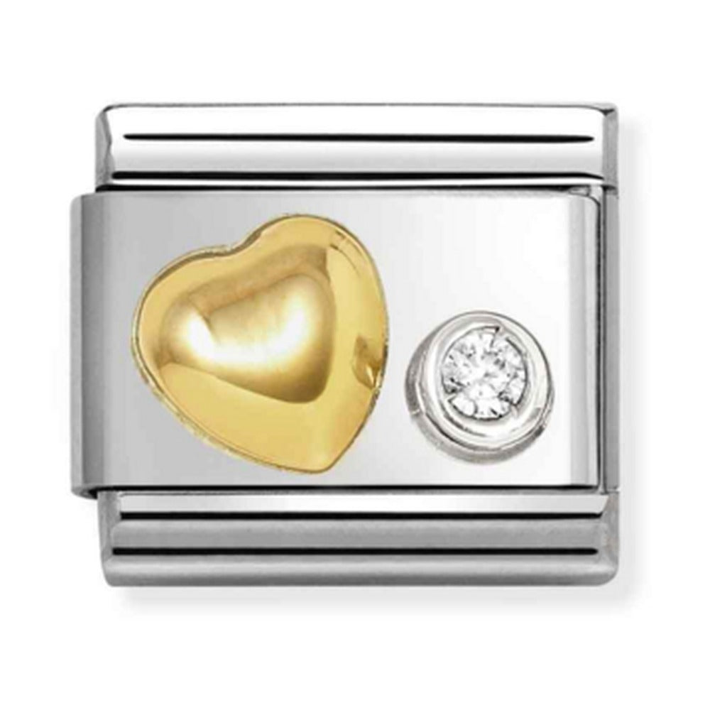 Nomination Composable Classic Link Raised Heart With CZ Stainless Steel 925 Silver 750 Gold