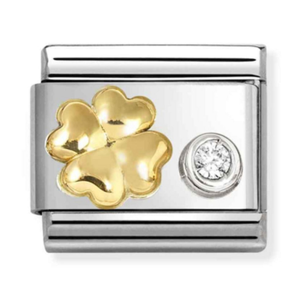 Nomination Composable Classic Link Raised Four Leaf Clover With CZ Stainless Steel 925 Silver 750 Gold
