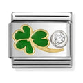 Nomination Composable Classic Link Green Enamel Shamrock With CZ Stainless Steel 925 Silver 750 Gold