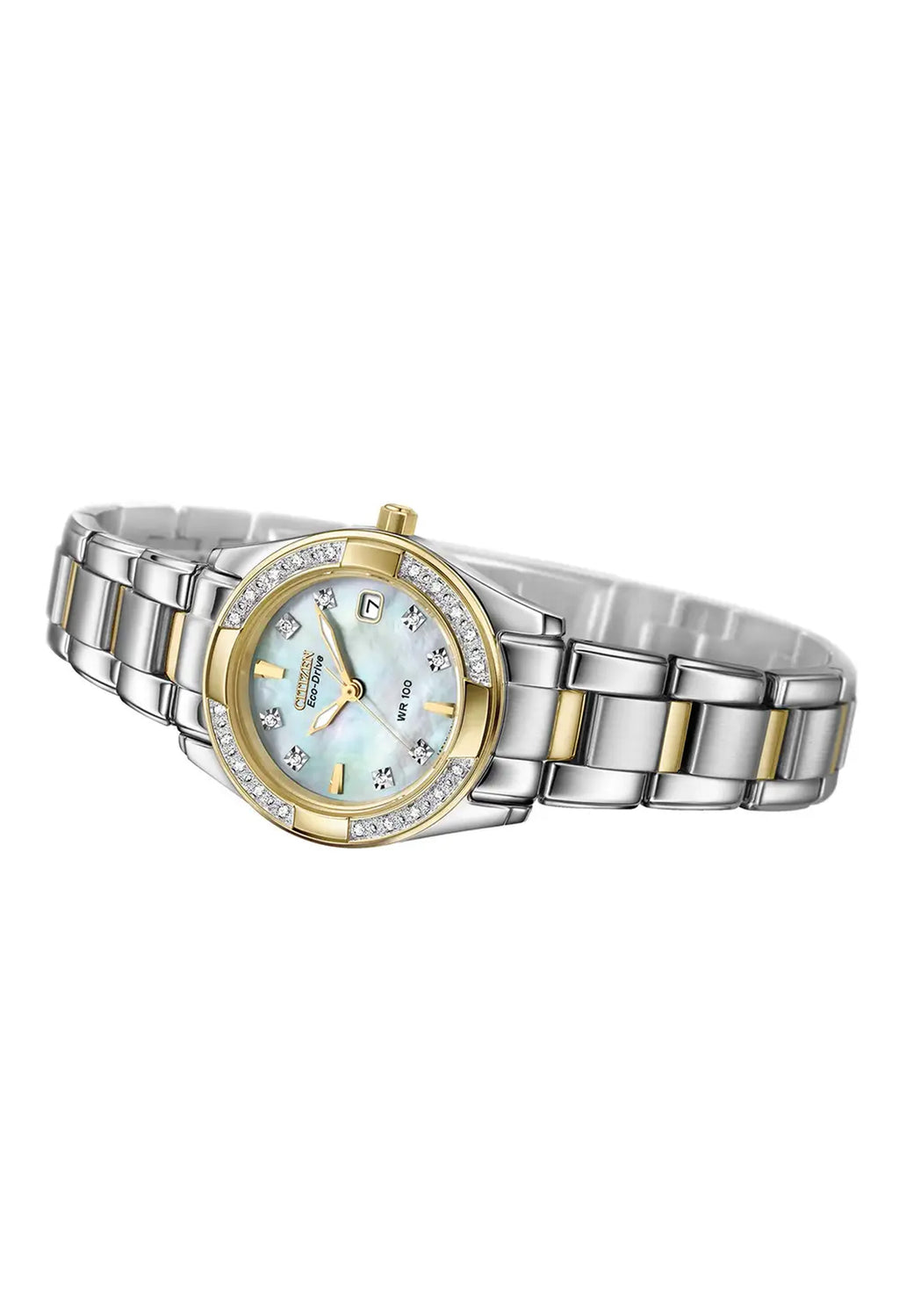 Citizen Eco Drive Regent watch showcasing its mother-of-pearl face, diamond bezel, and two-tone metal band.